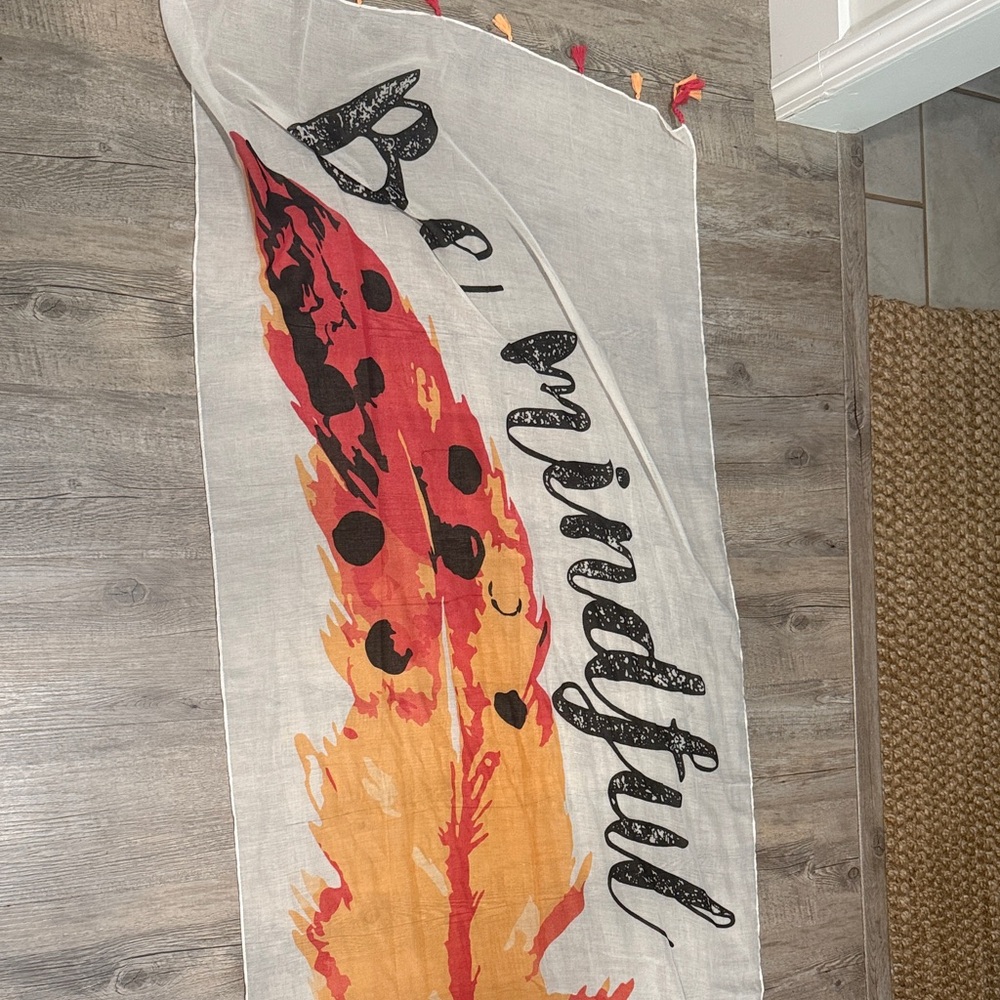 Boho Feather Scarf - Red, Orange, Black on Cream be mindful